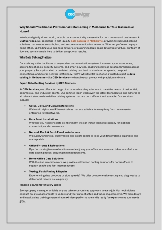 Why Should You Choose Professional Data Cabling in Melbourne for Your Business or Home