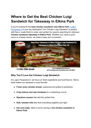 Where to Get the Best Chicken Luigi Sandwich for Takeaway in Elkins Park