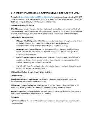 BTK Inhibitor Market Size, Growth Drivers and Analysis 2037