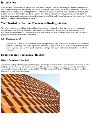 Your Trusted Partner for Commercial Roofing: Avalon