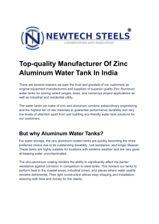 Top-quality Manufacturer Of Zinc Aluminum Water Tank In India