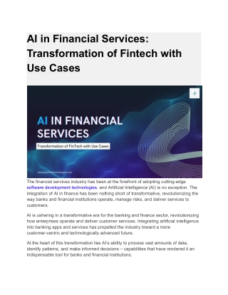 AI in Financial Services: Transformation of Fintech with Use Cases