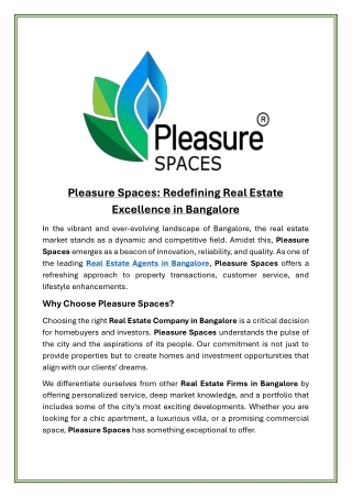 Pleasure Spaces Redefining Real Estate Excellence in Bangalore