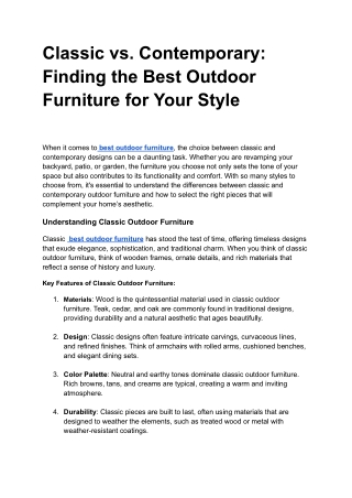 Classic vs. Contemporary: Finding the Best Outdoor Furniture for Your Style