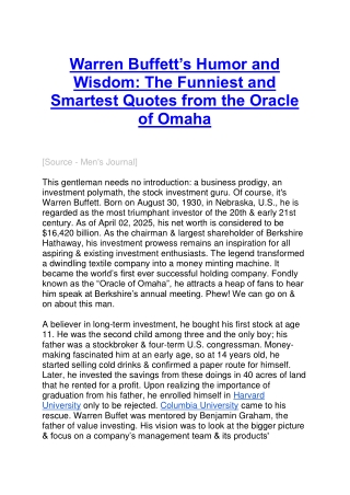 Warren Buffett’s Humor and Wisdom The Funniest and Smartest Quotes from the Oracle of Omaha