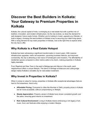 Discover the Best Builders in Kolkata Your Gateway to Premium Properties in Kolkata