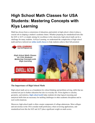 High School Math Classes for USA Students Mastering Concepts with Kiya Learning