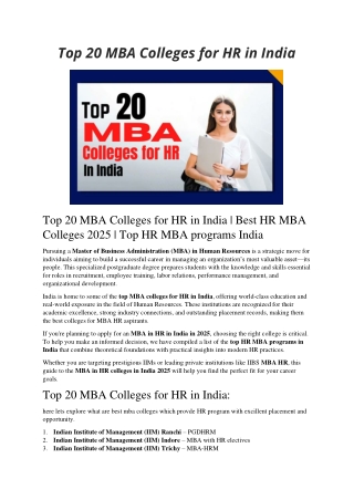 Top 20 MBA Colleges for HR in India