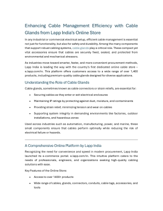 Enhancing Cable Management Efficiency with Cable Glands from Lapp India’s Online Store