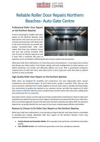 Reliable Roller Door Repairs Northern Beaches - Auto Gate Centre