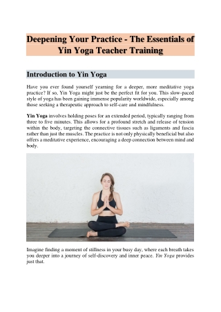 Deepening Your Practice - The Essentials of Yin Yoga Teacher Training