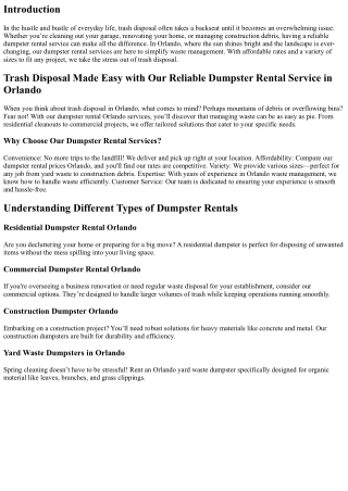 Trash Disposal Made Easy with Our Reliable Dumpster Rental Service in Orlando