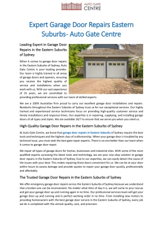 Expert Garage Door Repairs Eastern Suburbs - Auto Gate Centre