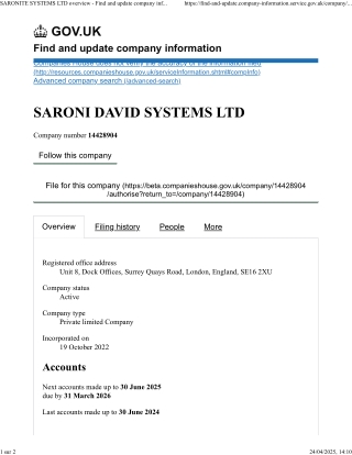 SARONI DAVID SYSTEMS LTD - Find and update company information - GOV.UK
