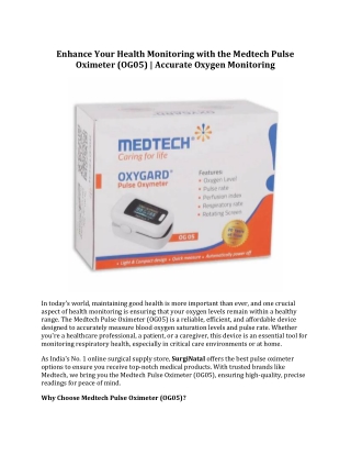 Enhance Your Health Monitoring with the Medtech Pulse Oximeter (OG05)