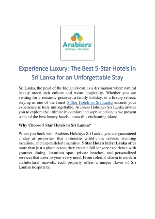Experience Luxury The Best 5-Star Hotels in Sri Lanka for an Unforgettable Stay