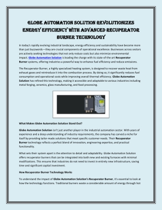 Globe Automation Solution Revolutionizes Energy Efficiency with Advanced Recuperator Burner Technology