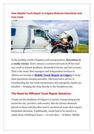 How Mobile Truck Repair in Calgary Reduces Downtime and Cuts Costs