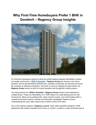 Why First-Time Homebuyers Prefer 1 BHK in Dombivli – Regency Group Insights