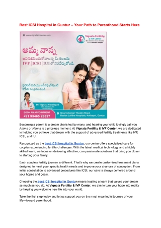 Best ICSI Hospital in Guntur – Your Path to Parenthood Starts Here