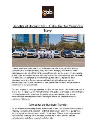 Benefits of Booking SKIL Cabs Taxi for Corporate Travel