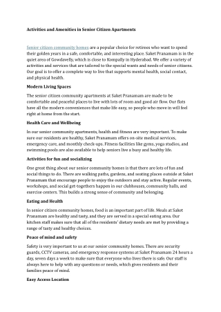 Activities and Amenities in Senior Citizen Apartments