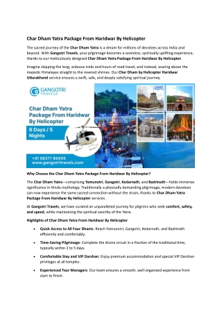 Char Dham Yatra Package From Haridwar By Helicopter