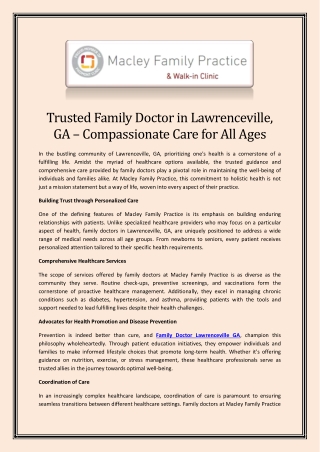 Trusted Family Doctor in Lawrenceville, GA – Compassionate Care for All Ages