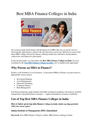 Best MBA Finance Colleges in India