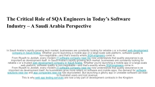 The Critical Role of SQA Engineers in Today’s Software Industry – A Saudi Arabia Perspective