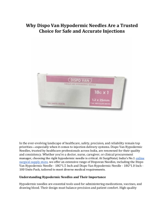 Why Dispo Van Hypodermic Needles Are a Trusted Choice for Safe and Accurate Injections