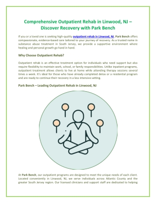 Comprehensive Outpatient Rehab in Linwood NJ – Discover Recovery with Park Bench