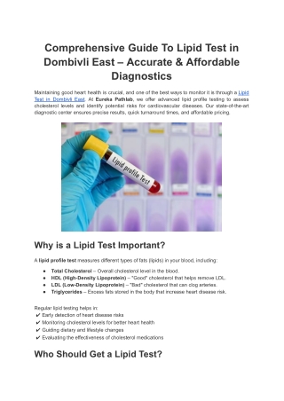 Comprehensive Guide To Lipid Test in Dombivli East – Accurate & Affordable Diagn
