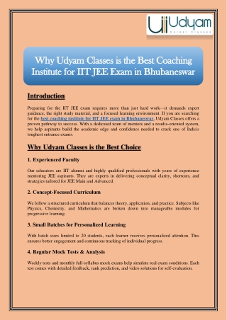 Why Udyam Classes is the Best Coaching Institute for IIT JEE Exam in Bhubaneswar