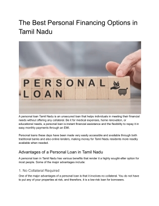 The Best Personal Financing Options in Tamil Nadu