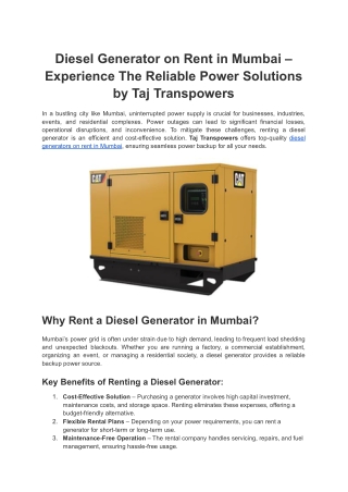 Diesel Generator on Rent in Mumbai – Experience The Reliable Power Solutions by