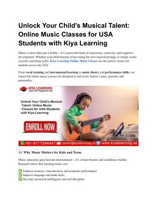 Unlock Your Child’s Musical Talent Online Music Classes for USA Students with Kiya Learning