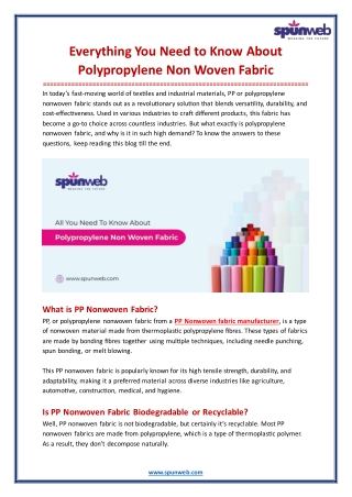 Everything You Need to Know About Polypropylene Non Woven Fabric