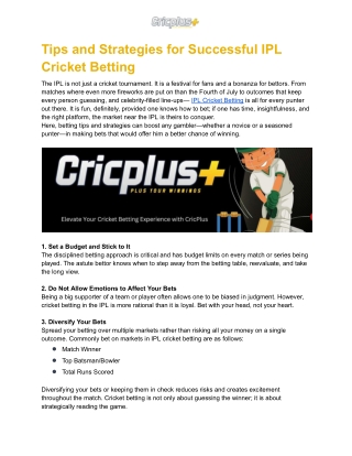 Tips and Strategies for Successful IPL Cricket Betting