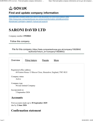 SARONI DAVID LTD - Find and update company information - GOV.UK