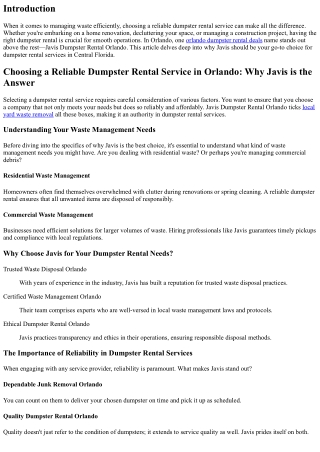 Choosing a Reliable Dumpster Rental Service in Orlando: Why Javis is the Answer