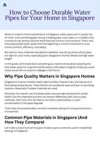 How to Choose Durable Water Pipes for Your Home in Singapore