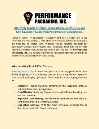 Effectively Bundle Stretch Film for Maximum Efficiency and Cost Savings- A Guide from Performance Packaging Inc.