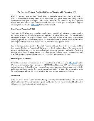 The Secret to Fast and Flexible SBA Loans Working with Finnection USA