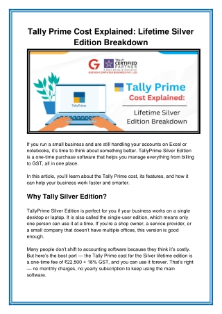 Tally Prime Cost Explained Lifetime Silver Edition Breakdown