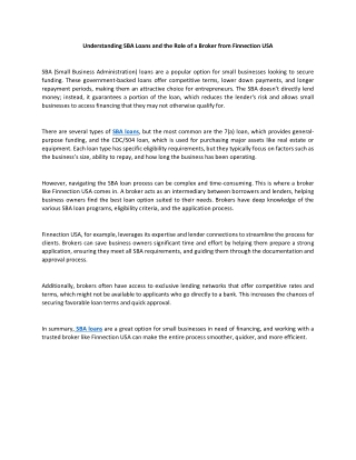 Understanding SBA Loans and the Role of a Broker from Finnection USA