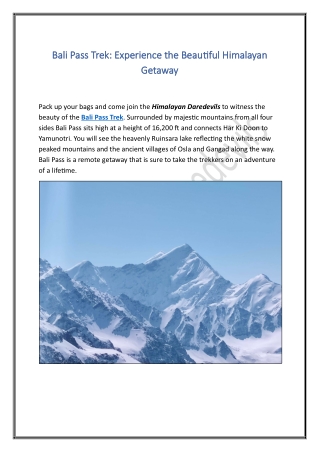 Bali Pass Trek - Experience the Beautiful Himalayan Getaway