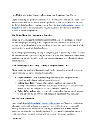 How Digital Marketing Courses in Bangalore Can Transform Your Career