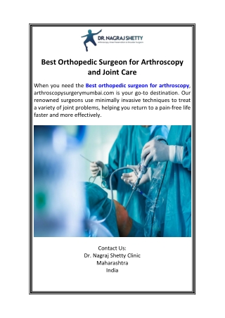 Best Orthopedic Surgeon for Arthroscopy and Joint Care