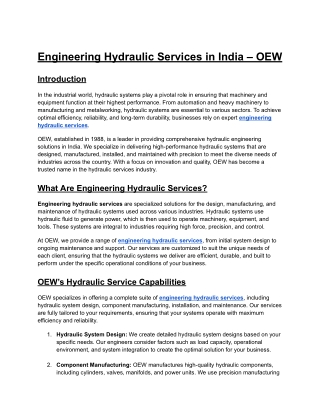 Engineering Hydraulic Services in India – OEW
